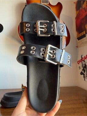 Double Buckle Adjustable Punk Slide Sandals with Silver Hardware